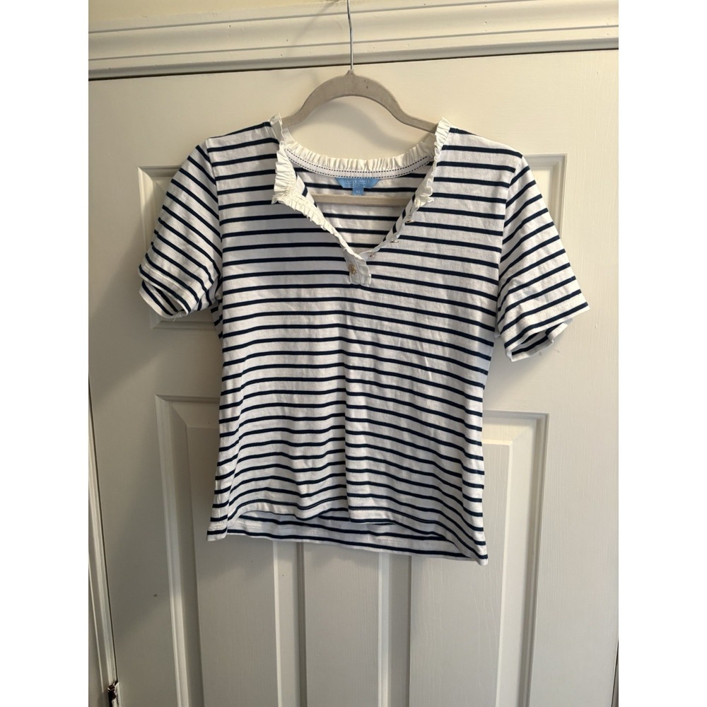 Draper James Navy White Striped V-Neck Button Short Sleeve Cotton T-Shirt XS